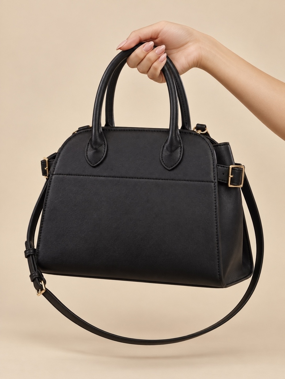 NWT THE MARGO Black Leather Structured Bowling Top Handle Crossbody Satchel Bag